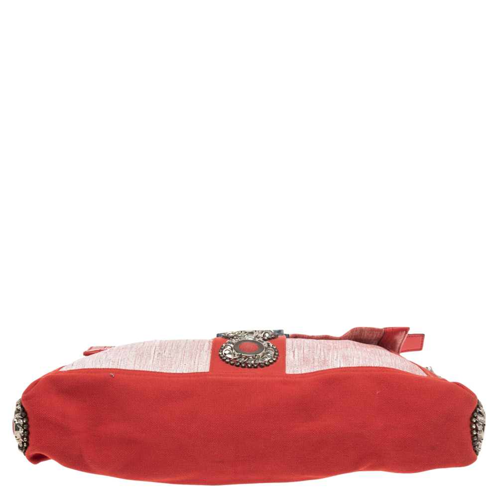 FENDI Red/White Canvas and Leather Maxi Baguette Embellished Shoulder Bag - Picture 6 of 9